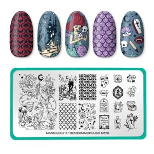 Placa de stamping de Maniology en colaboración con @themermaidpolish, con diseños de sirenas y temas del fondo del mar